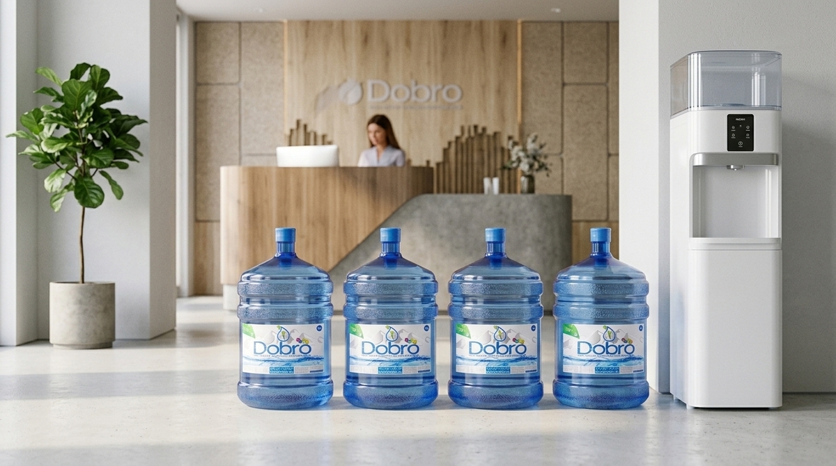 Запас бутылей воды «Добро» у ресепшена офиса