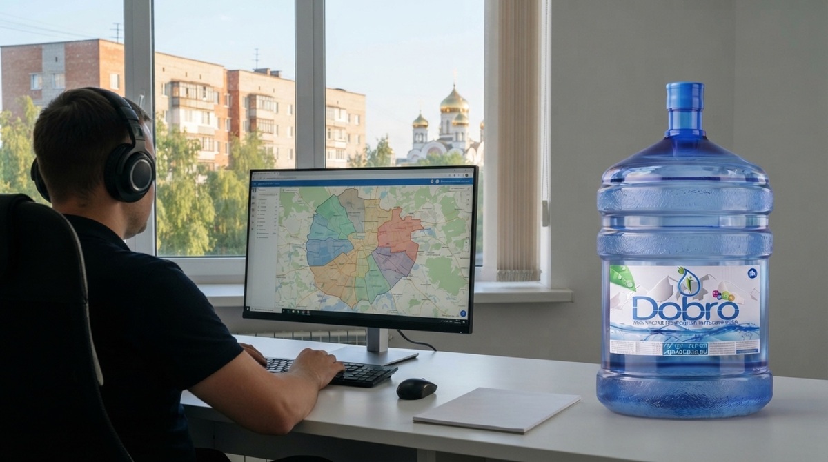 Оператор в наушниках за белым столом смотрит на монитор с картой города, разбитой на зоны, рядом на столе бутыль «Добро»