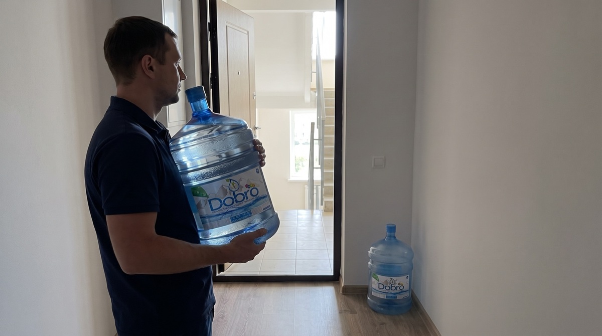 Прихожая чистой квартиры: водитель передаёт хозяину полную бутыль «Добро» 19 л, у двери ждёт пустая бутыль на обмен; ров