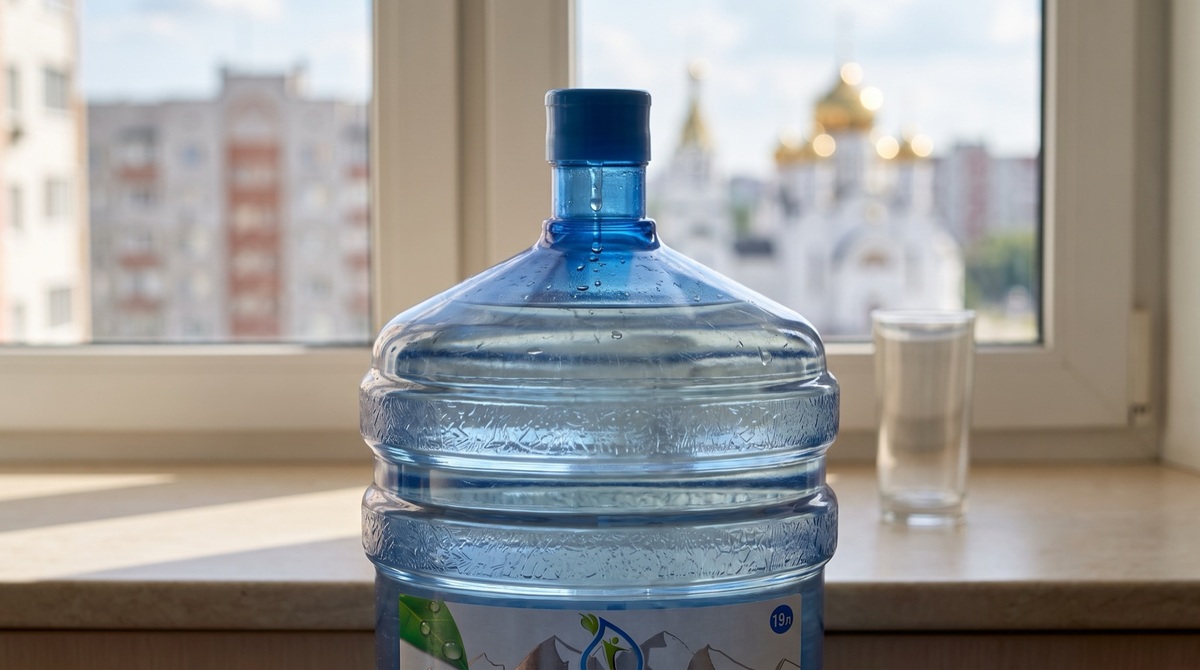 Крупный план горлышка бутыли с каплей воды на пробке и чистым стаканом рядом, боковой свет подчёркивает текстуру пластик