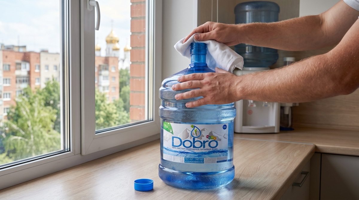 Крупный план рук, протирающих горлышко бутыли «Добро» 19 л чистой салфеткой перед установкой на кулер.