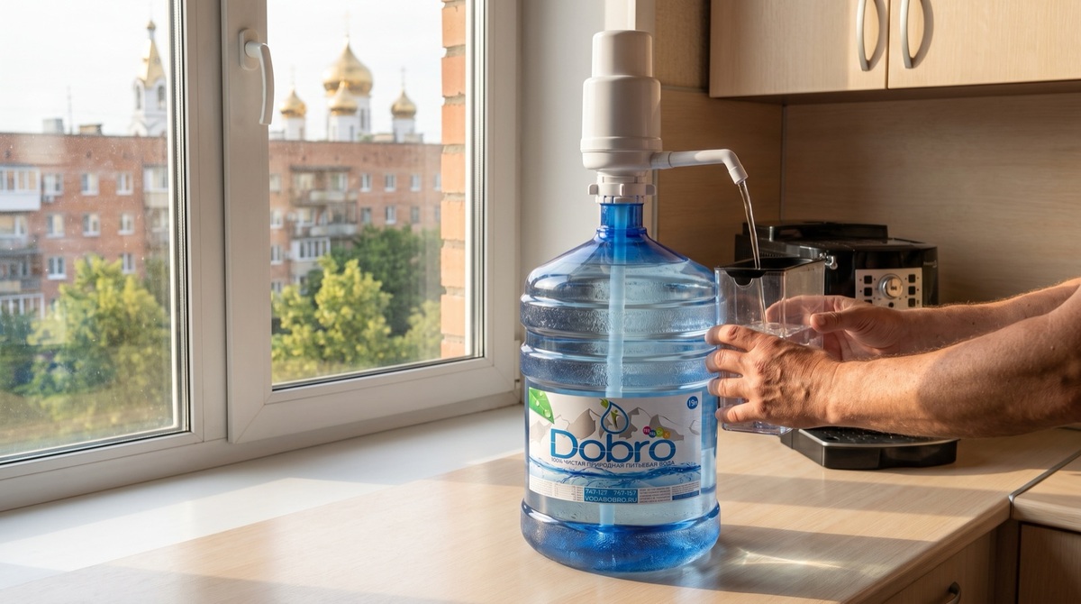 Крупный план: руки наливают воду из помпы в снятый бак кофемашины, капли на матовом пластике, тёплый свет лампы.