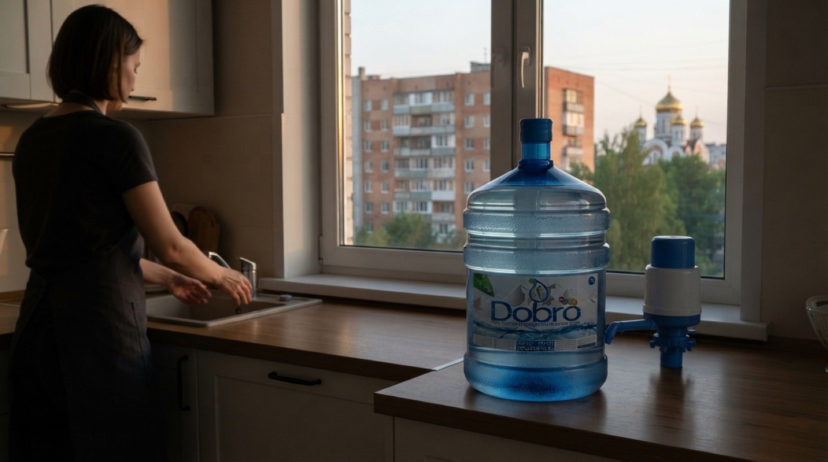 Бутыль «Добро» 19 литров на кухонной стойке рядом с помпой, тёплый свет вечерней кухни, Курск виден в окне на заднем пла
