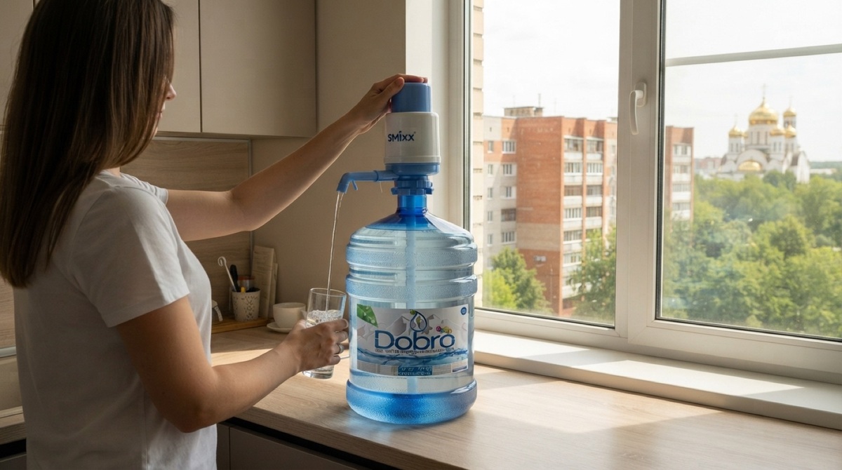 Женщина наливает воду из ручной помпы SMixx в стакан на кухне современной квартиры, тёплый полуденный свет, за окном вид